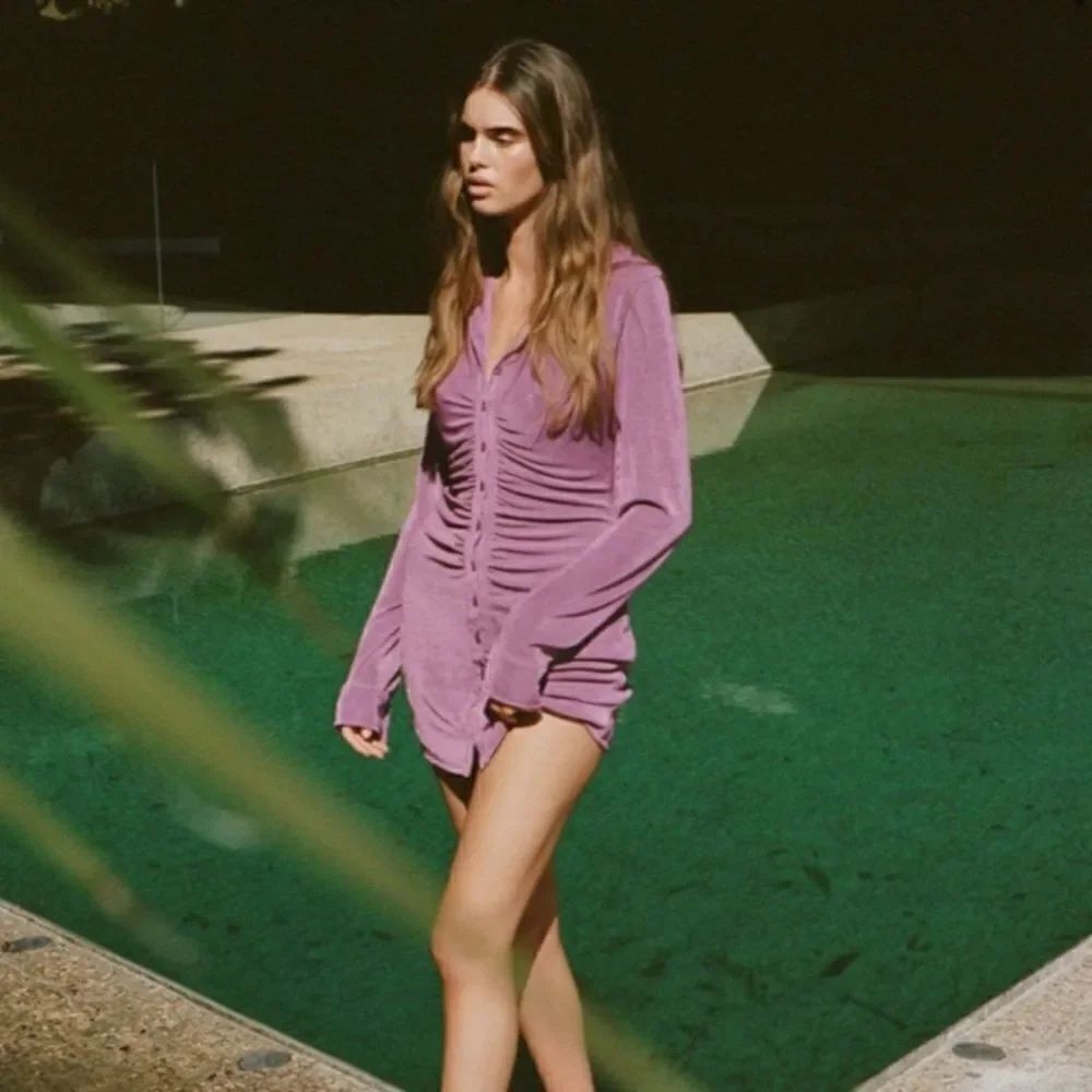 With Jean Andy Mini Purple Dress Long Sleeve Button Down Shirt Size M